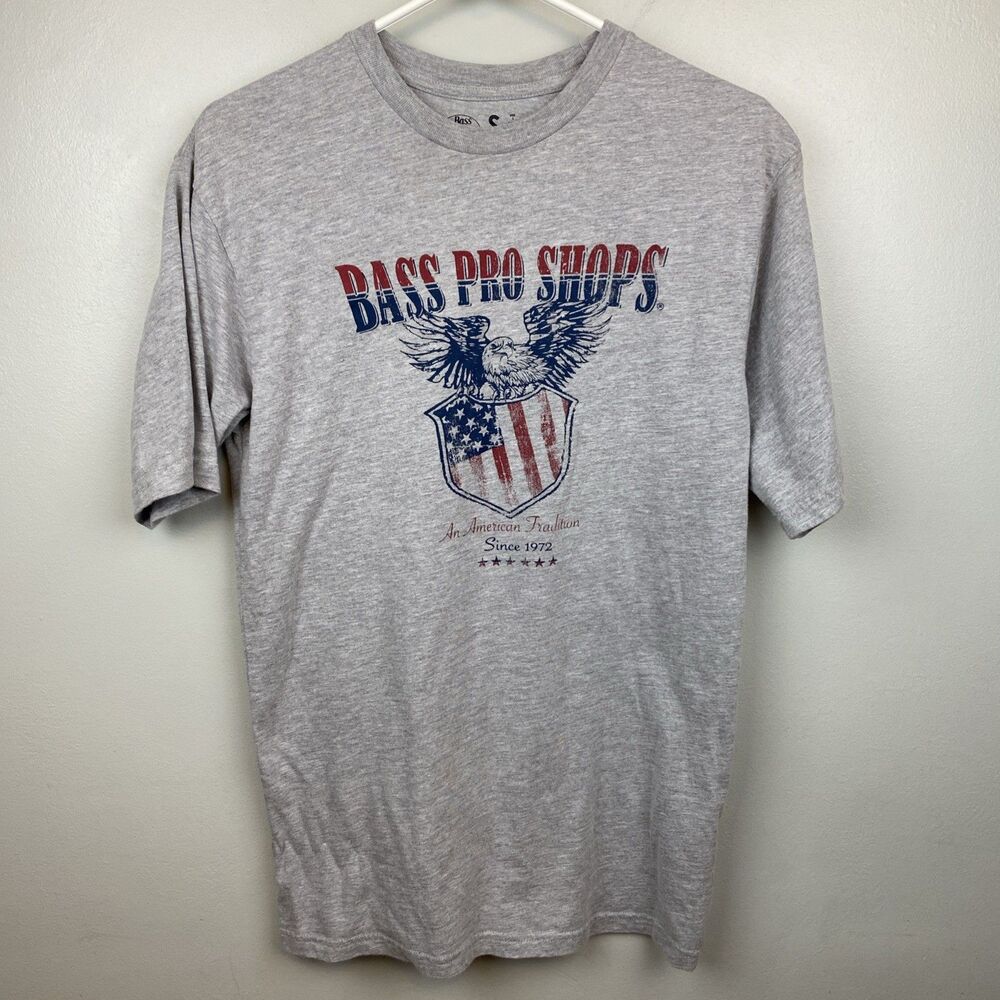Bass Pro Shop Shirt Mens s gray short sleeve American Flag‎ eagle